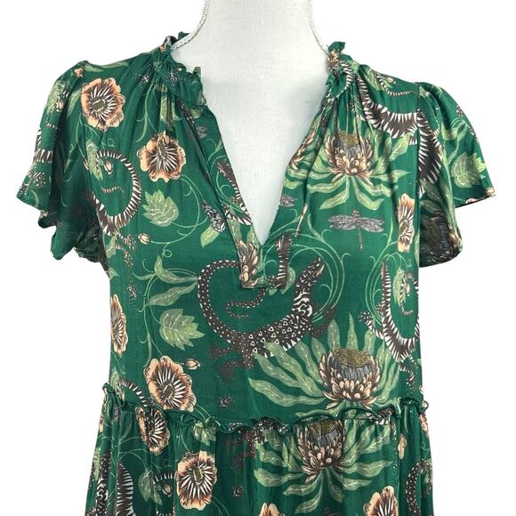 Anthropologie Green Victoria Garcia Floral Flutter Sleeve Tiered Dress SP Gecko - Picture 3 of 14